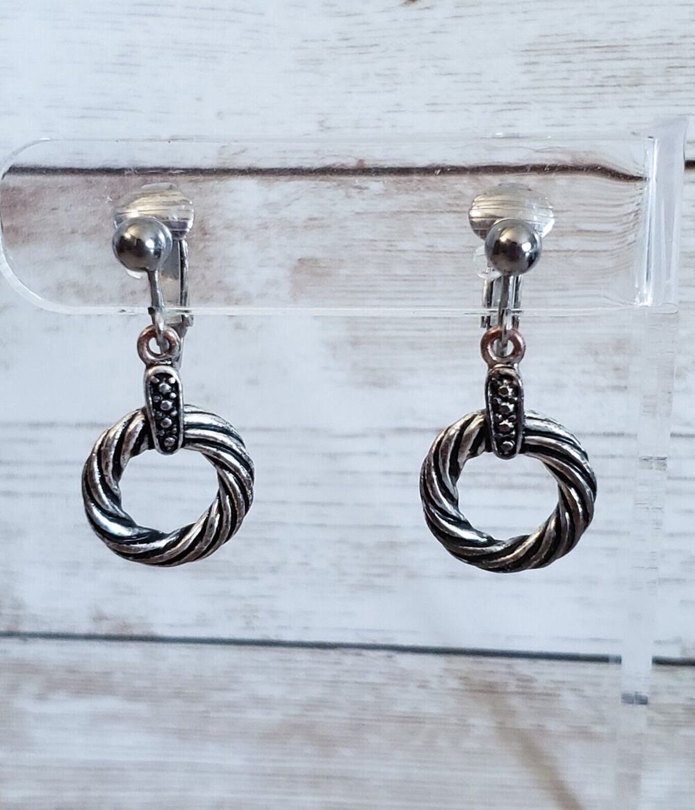 Vintage Clip On Earrings Silver Tone Ring Dangle